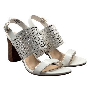 Kelly & Katie White Lasercut Faux Leather Wooden Spring Slingback Heels